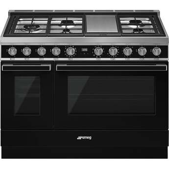 Smeg Portofino Pro-Style 48" Black Slide-In Dual Fuel (Natural Gas) Sealed Burner Double Oven Range with Griddle - Convection