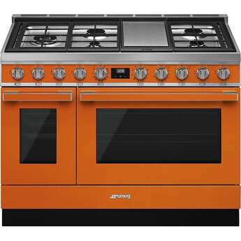 Smeg Portofino Pro-Style 48" Orange Slide-In Dual Fuel (Natural Gas) Sealed Burner Double Oven Range with Griddle - Convection