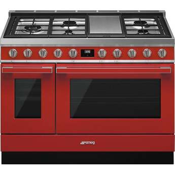 Smeg Portofino Pro-Style 48" Red Slide-In Dual Fuel (Natural Gas) Sealed Burner Double Oven Range with Griddle - Convection