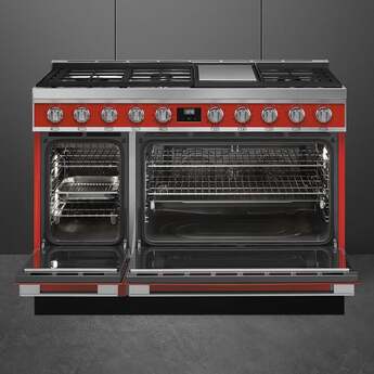 Smeg Portofino Pro-Style 48" Red Slide-In Dual Fuel (Natural Gas) Sealed Burner Double Oven Range with Griddle - Convection — thumbnail 2