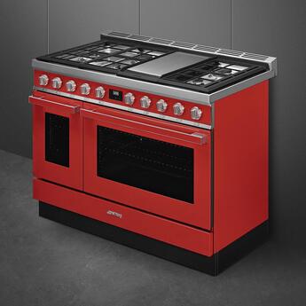 Smeg Portofino Pro-Style 48" Red Slide-In Dual Fuel (Natural Gas) Sealed Burner Double Oven Range with Griddle - Convection — thumbnail 3