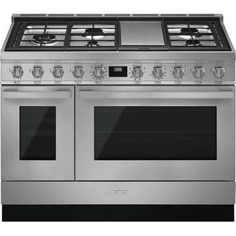 Smeg Portofino Pro-Style 48" Stainless Steel Slide-In Dual Fuel (Natural Gas) Sealed Burner Double Oven Range with Griddle - Convection