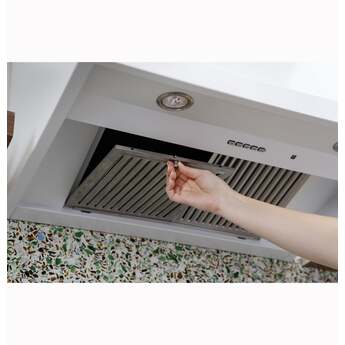 Cafe 36 Inch Commercial-Style Wall Mount Smart Range Hood with 4-Speed Fan, 610 CFM Blower, Push Button Controls, LED Hood Light, Baffle Filters, Night Light Setting, QuietBoost™, Removable Filter and ADA Compliant: Matte White — thumbnail 18
