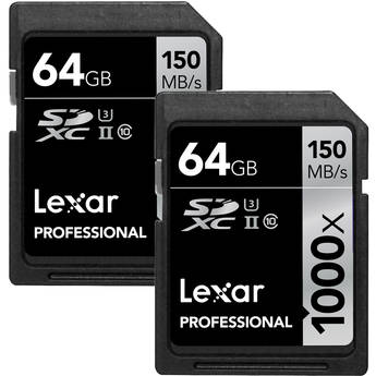 Lexar 64GB Professional 1000x UHS-II SDXC Memory Card (2-Pack, Class 10, UHS Speed Class 3)