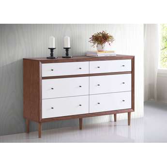 Baxton Studio Harlow Mid Century White and Walnut Veneer 6 Drawer