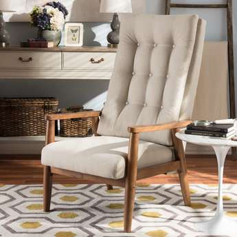 Baxton Studio Roxy Mid-Century Modern Walnut Brown Finish and Light Beige Upholstered High-Back Chair
