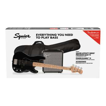 Squier Affinity Series Precision Bass PJ Pack, Black with Gig Bag and Rumble 15 Amp (120V) — thumbnail 4