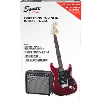 Squier Affinity Series Stratocaster HSS Pack Electric Guitar with Frontman 15G Amplifier, 120V, 21 Frets, "C" Shape Neck, Gloss Polyurethane, Candy Apple Red