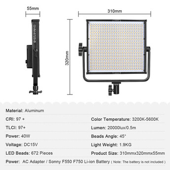 Gvm-672S-B 40w 14.8v/110-220 3200-5600K BC LED Panel — thumbnail 6