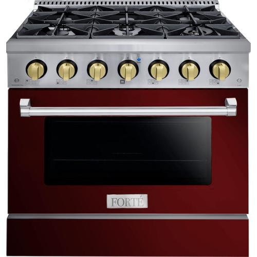 Forte FGR366BBG42 36 Inch All Gas Freestanding Range in Burgundy with Brass  Knob Kit Set and Black Bezel Kit Set