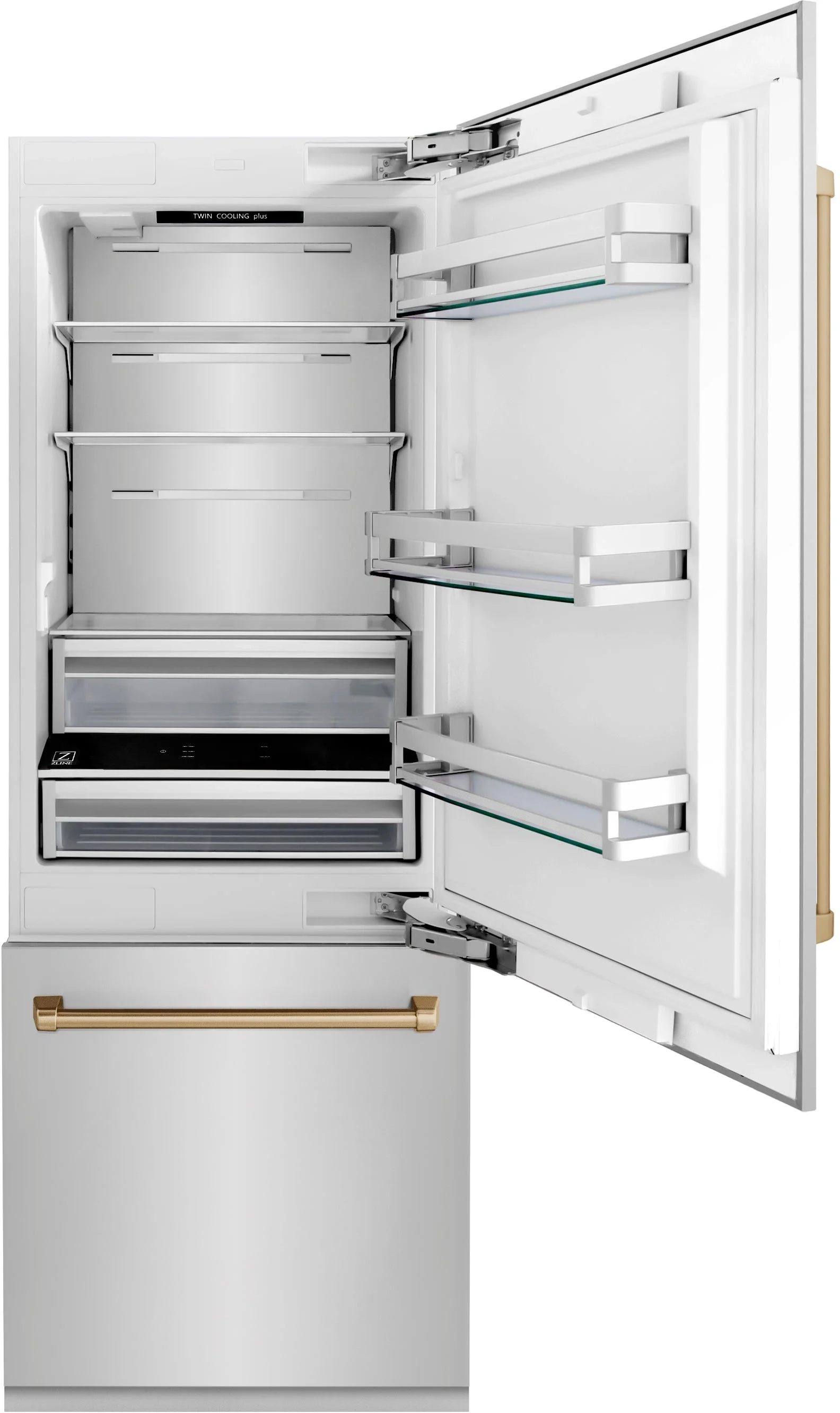 Z Line 30 Inch Autograph Edition 16.1 cu. ft. Built-in 2-Door Bottom Freezer Refrigerator with Internal Water and Ice Dispenser: Stainless Steel With Gold Accents