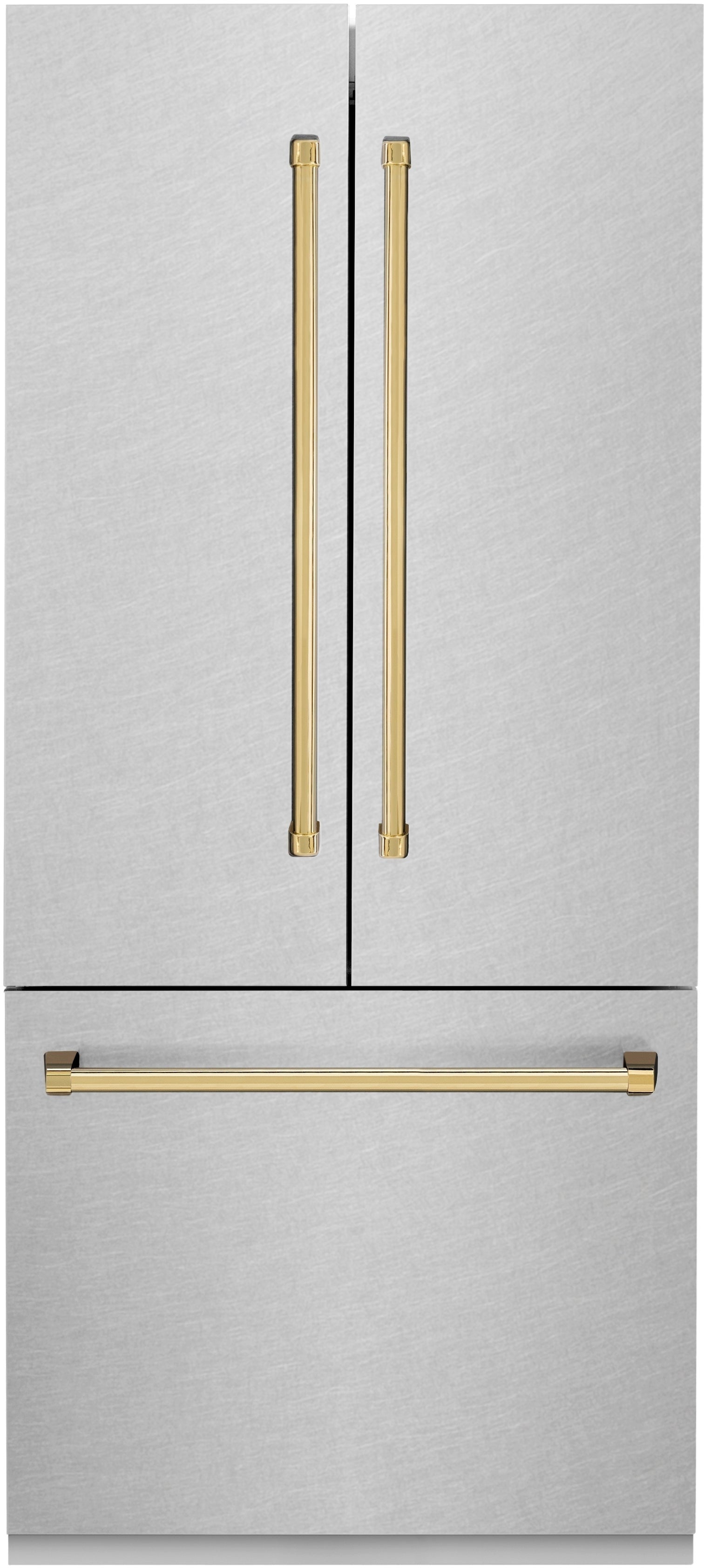 Z Line ZLINE 36 Inch Autograph Edition 19.6 cu. ft. Built-in 3-Door French Door Refrigerator: Durasnow Stainless Steel With Polished Gold Accents