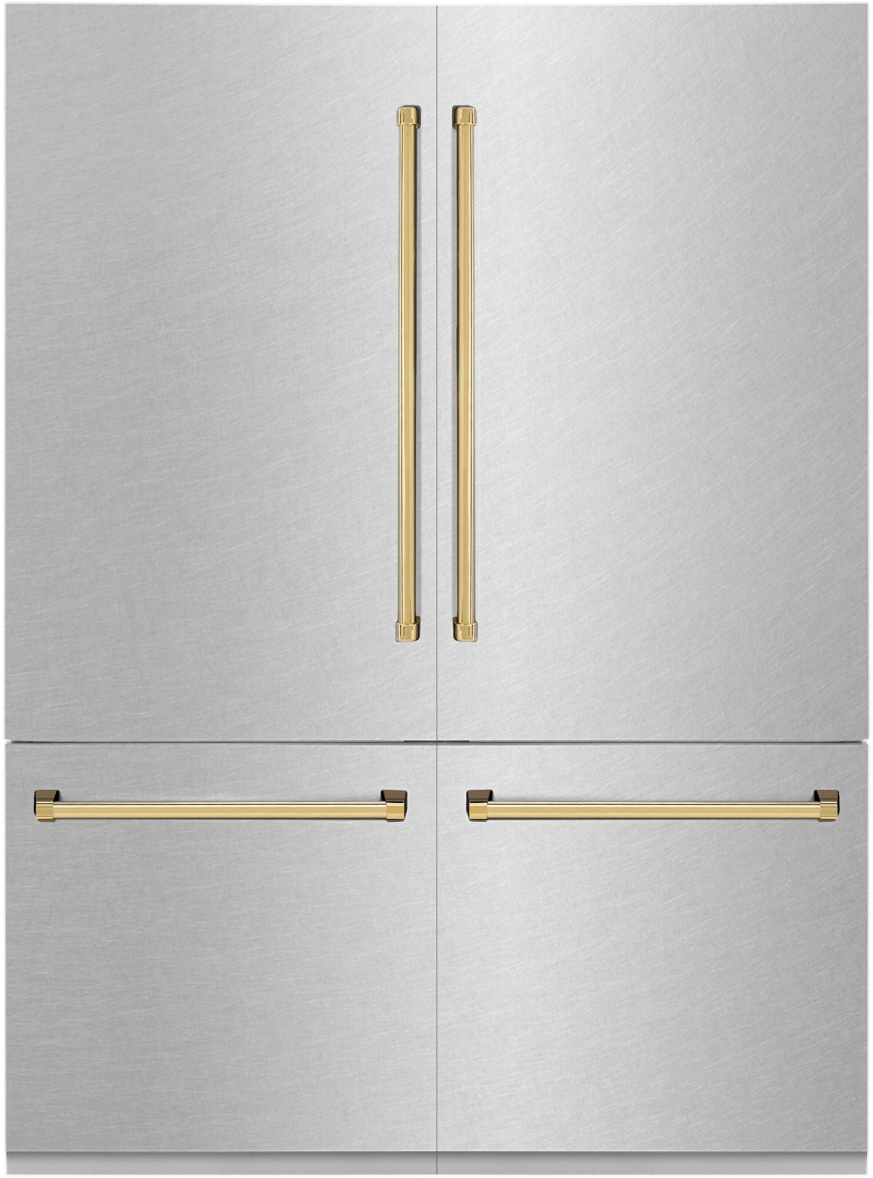 Z Line Autograph Edition 60 Inch Built-In 4-Door French Door Refrigerator with 32.2 cu. ft. Capacity, Adjustable Shelves, CrispControl Drawer, Twin Cooling+, Internal Water Dispenser, Ice Maker, and ENERGY STAR : Durasnow Stainless Steel With Polished Gold Accents
