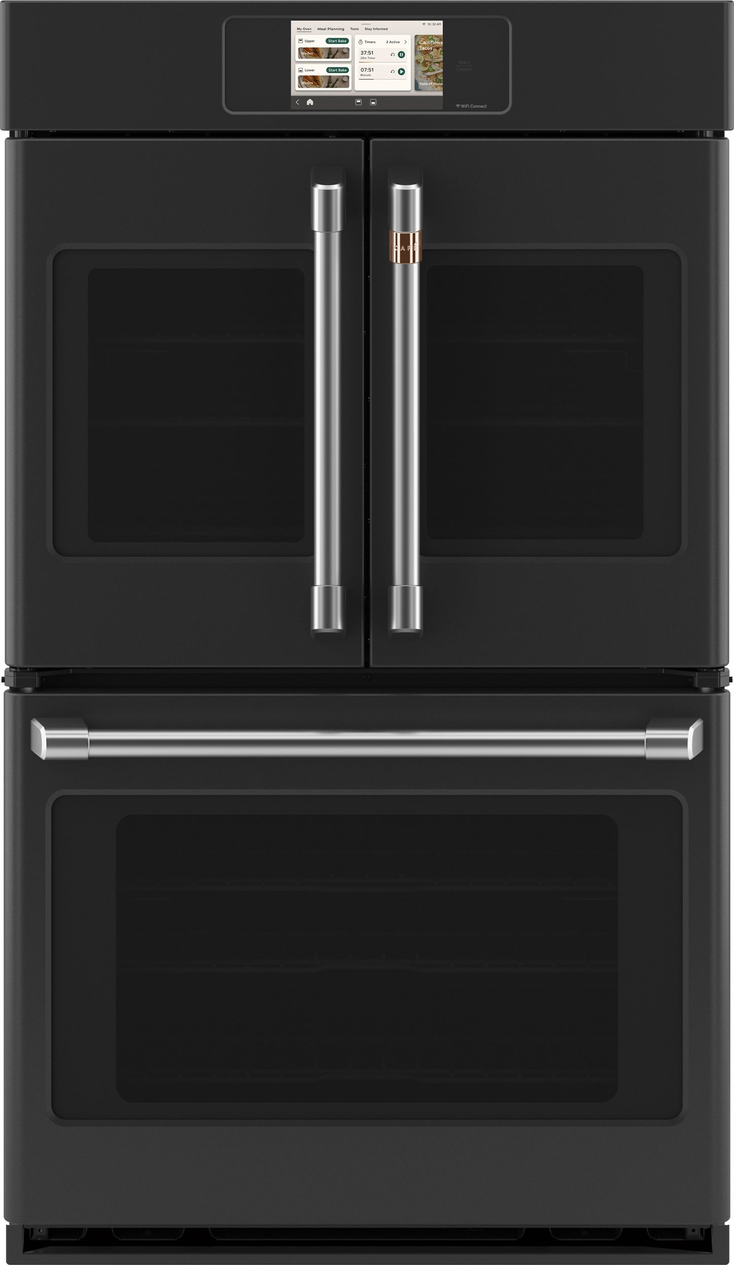 Cafe Professional Series 30 Inch Smart Built-In Convection Double Wall Oven With French-Doors: Matte Black