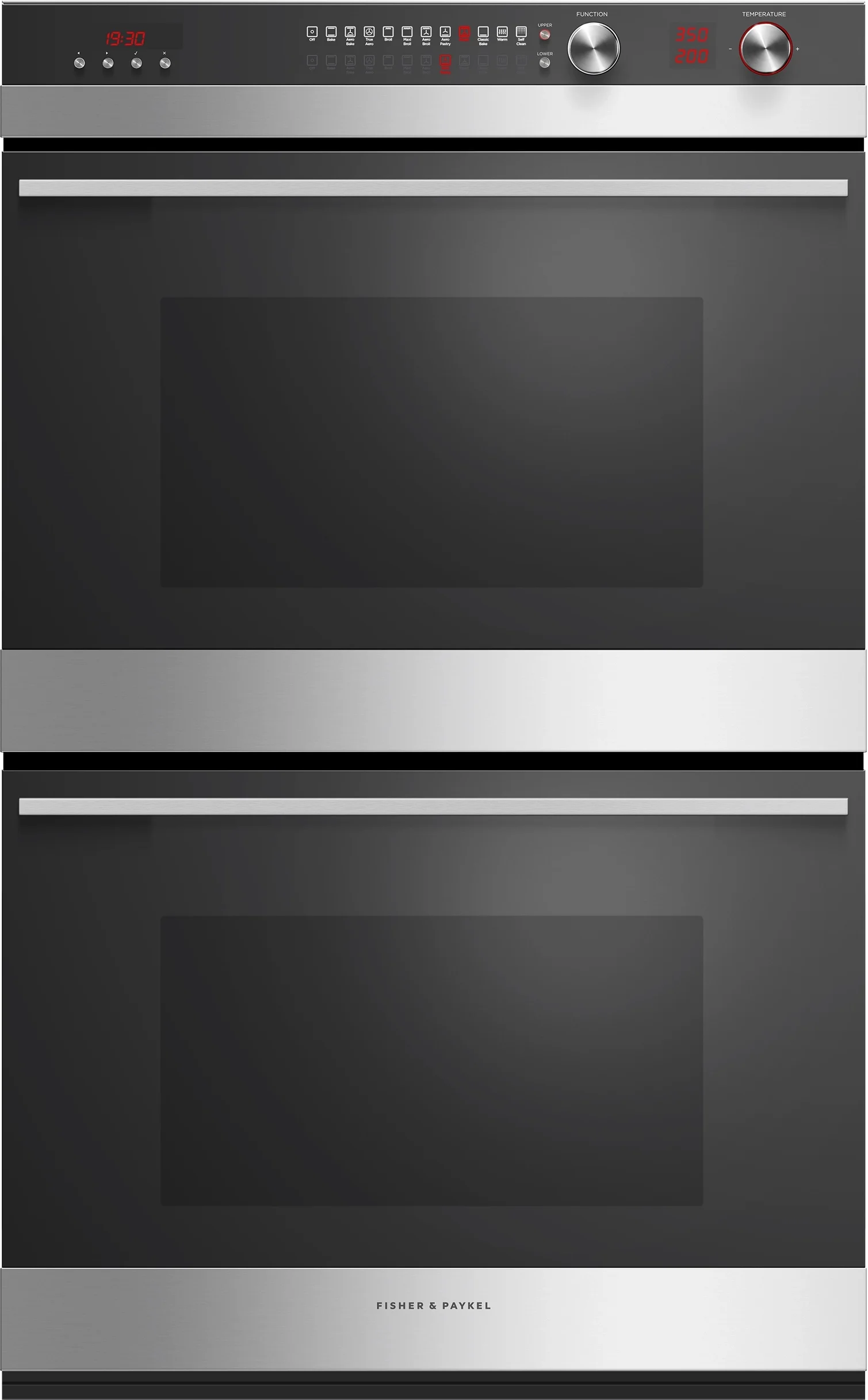 Fisher Paykel Contemporary 30" 8.2 cu. ft. Brushed Stainless Steel and Black Glass Electric Double Oven with 11 Functions