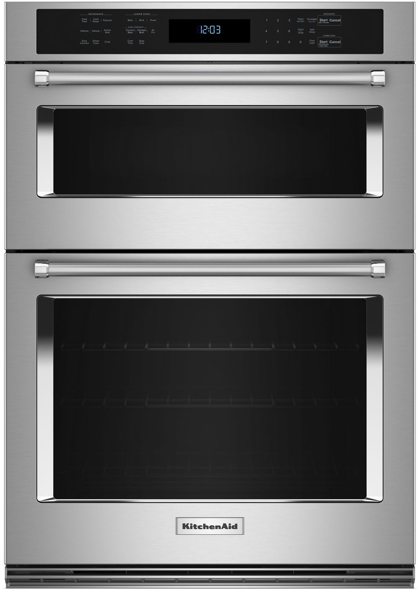 KitchenAid 30 Inch Combination Electric Wall Oven with 1.4 Cu. Ft. Microwave Oven Capacity, 5 Cu. Ft. Oven Capacity, Air Fry Mode, Microwave Convection, Even-Heat™ True Convection, EasyConvect™ Conversion System, Even-Heat™ Preheat, Integrated Meat Thermometer, Self-Close Doors, Self-Cleaning Cycle, PrintShield™ Finish, Sabbath Mode and Star-K Certified: PrintShield Stainless Steel