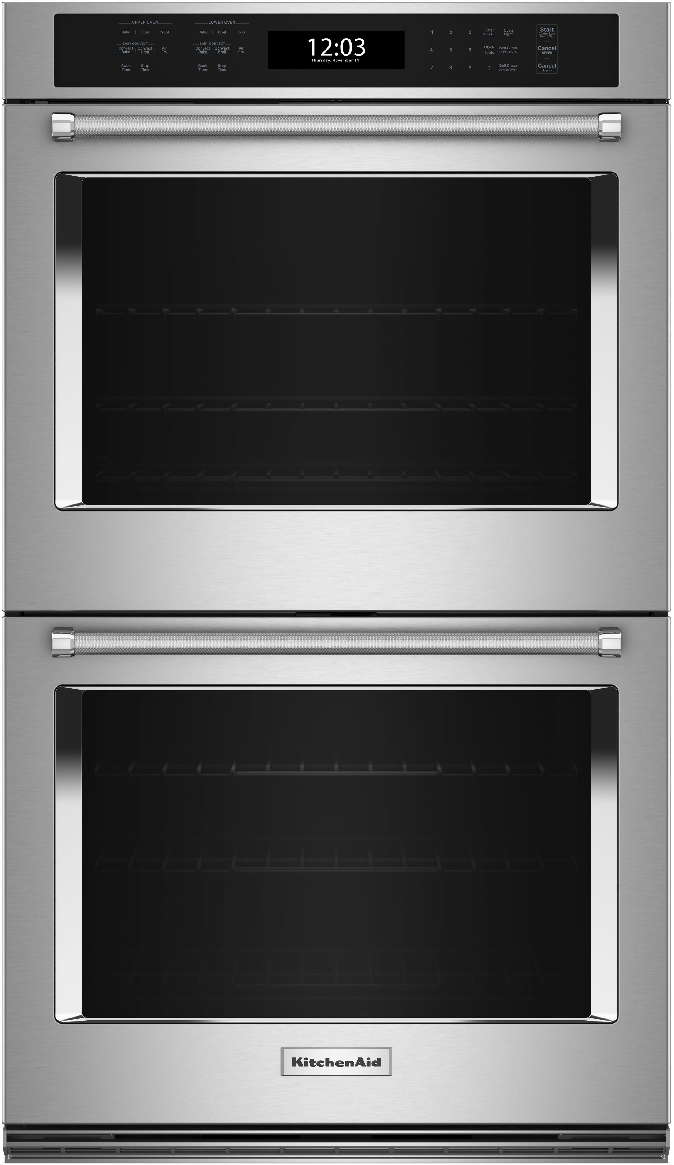 KitchenAid 27 Inch Double Electric Wall Oven with 8.6 Cu. Ft. Total Oven Capacity, Air Fry Mode, Even-Heat? True Convection, EasyConvect? Conversion System, Even-Heat? Preheat, Integrated Meat Thermometer, Self-Close Doors, Self-Cleaning Cycle, Sabbath Mode and Star-K Certified: Stainless Steel