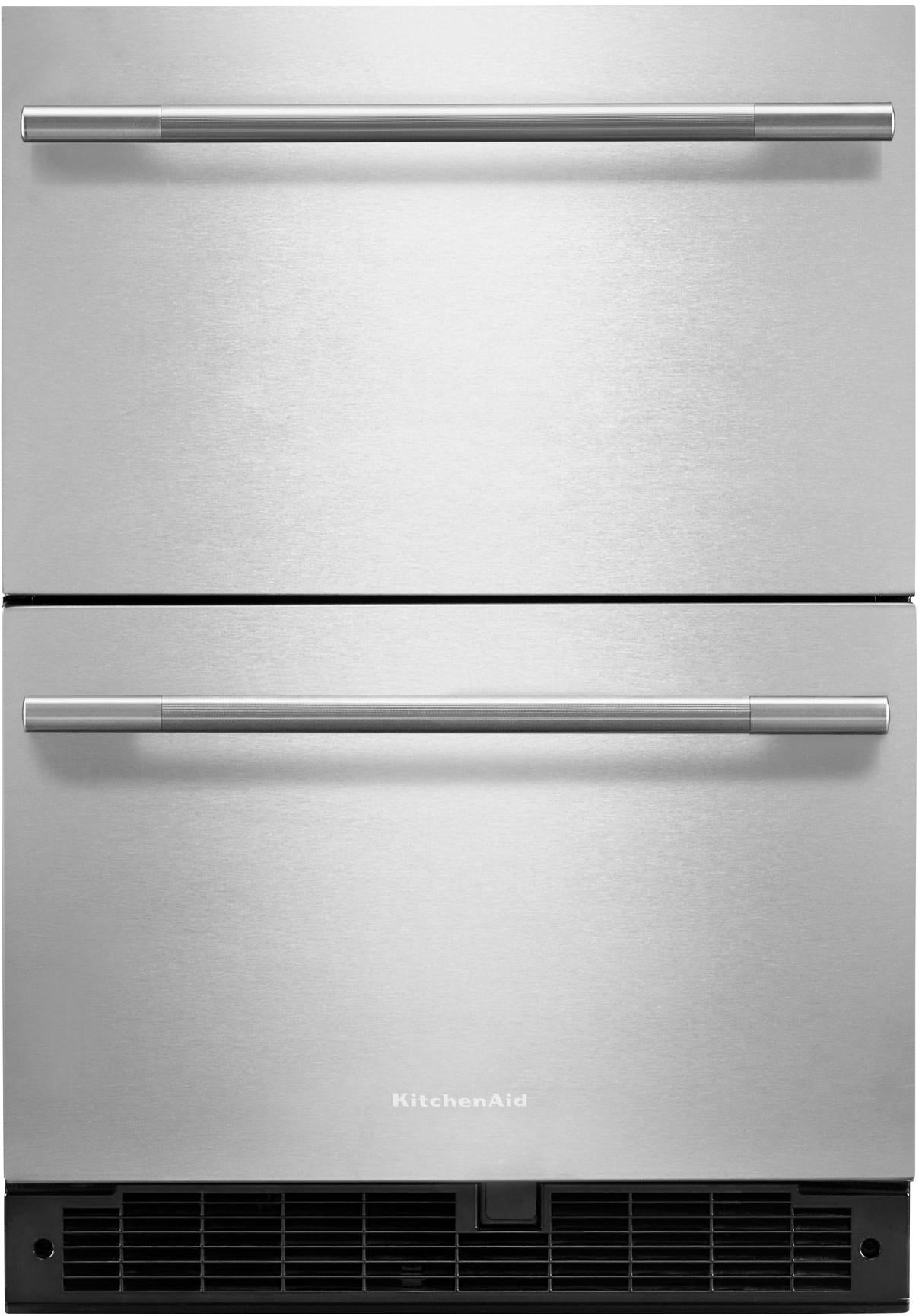 KitchenAid 24 Inch Undercounter Double-Drawer Refrigerator with 4.4 cu. ft. Capacity, Temperature Monitoring System, Ultra-Bright LED Lighting, Door Alarm, Backlit Touch Controls, Sabbath Mode and Star-K Certified: Black On Stainless Steel