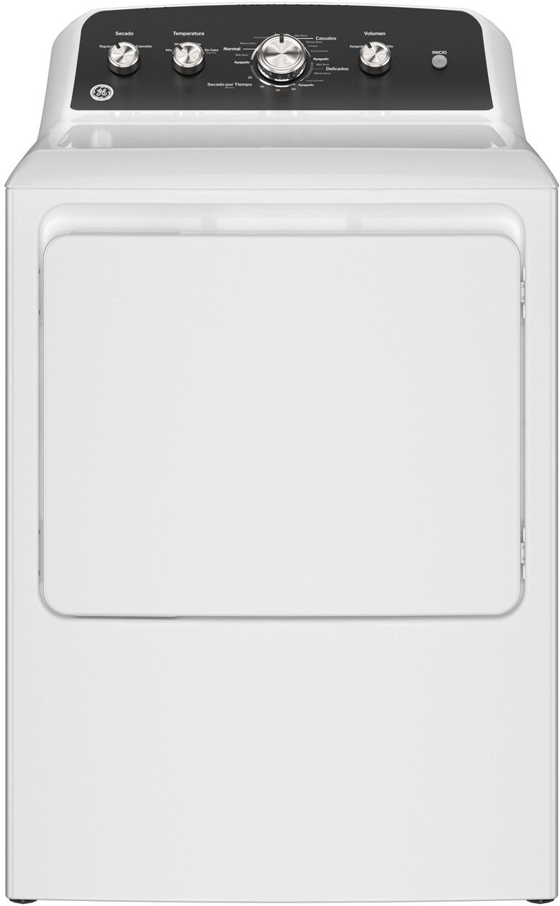 GE 27 Inch Top Load Electric Dryer with Spanish Control Panel: White With Matte Black