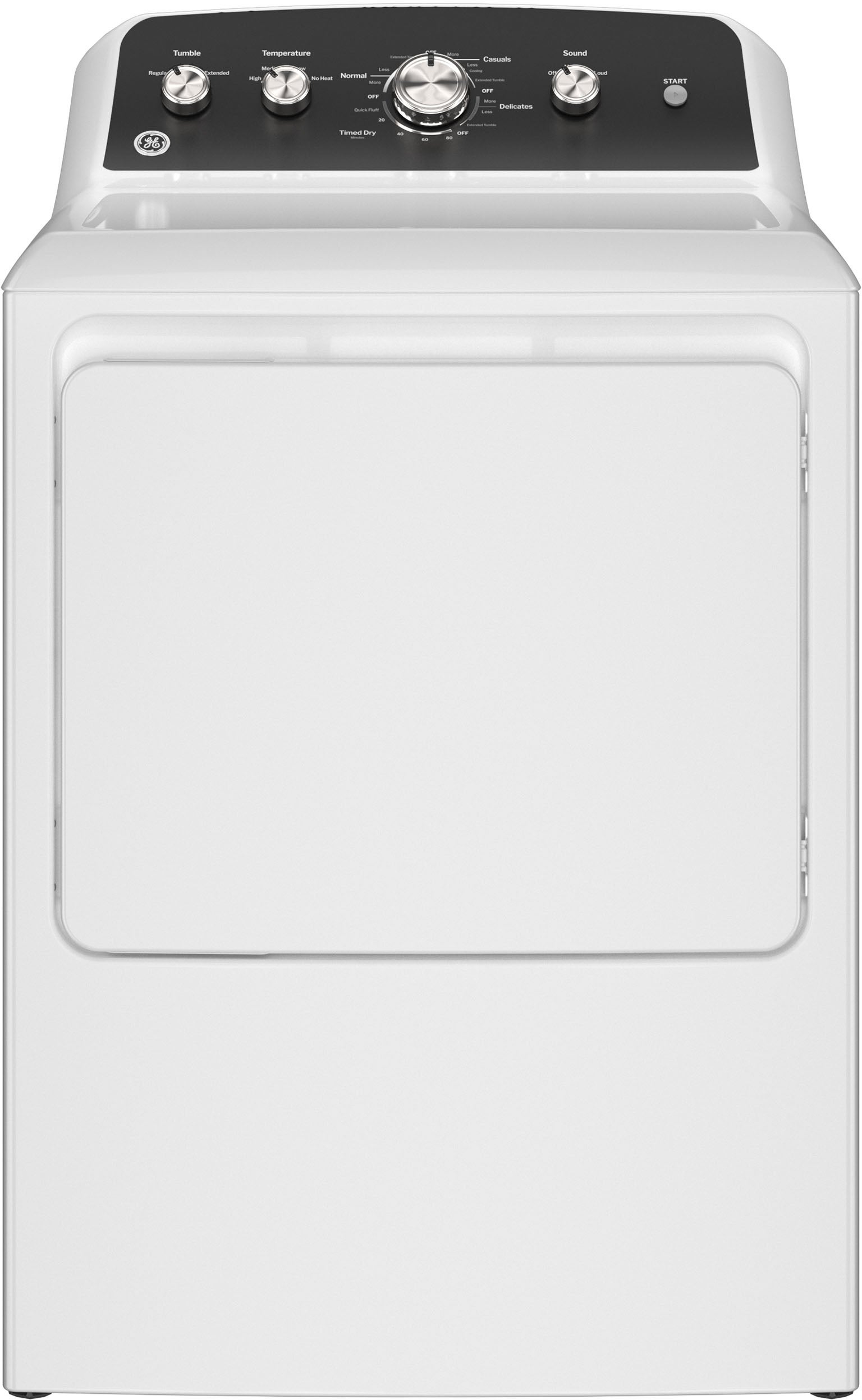 GE 27 Inch Width 7.2 CuFt Ext Tumble / Long Vent (up to 120 Ft) 30 Inch Depth: White On Black
