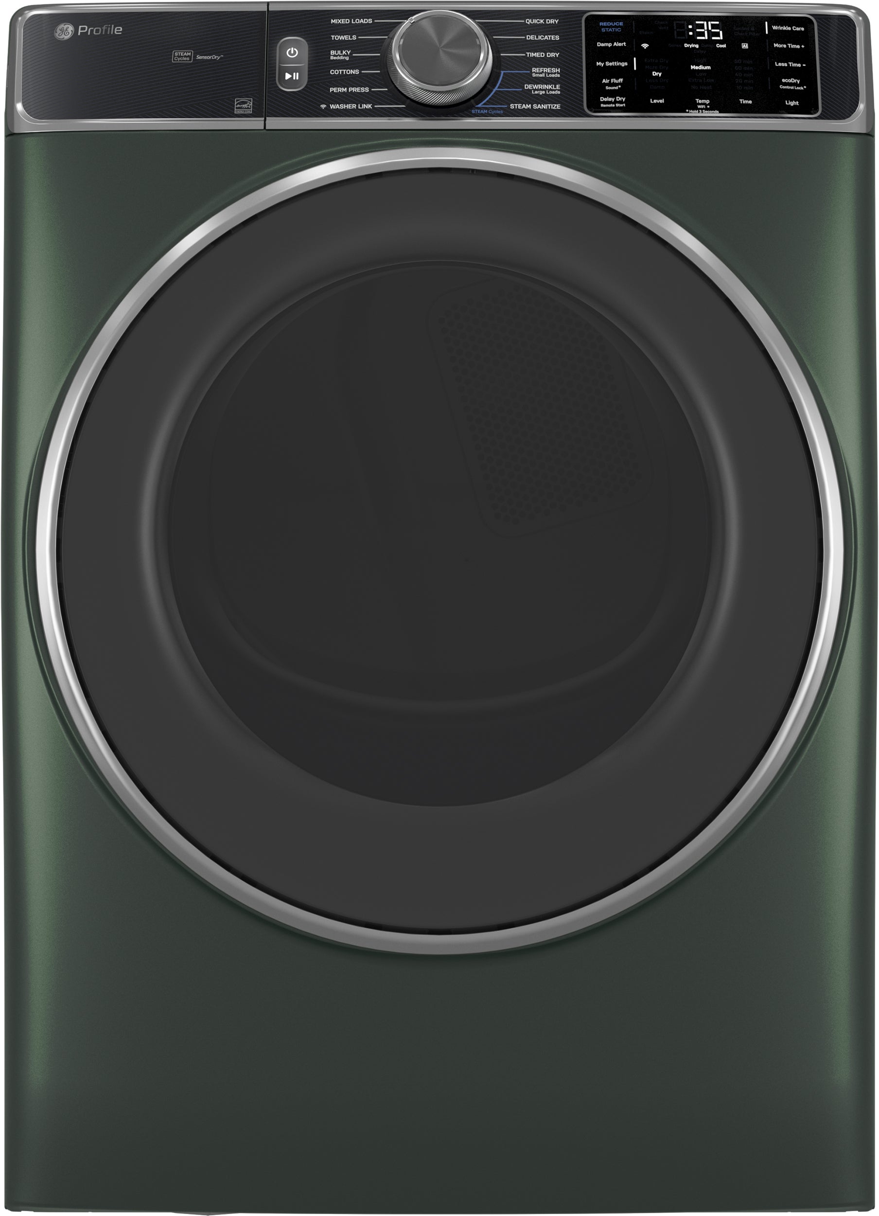 GE 29 Inch Smart Front Load Gas Dryer With 7.8 Cu Ft Capacity, Steam Sanitize, Washer Link, Adaptive My Settings, Smarthq, Stainless Steel Drum And Energy Star Certified: Jade Green