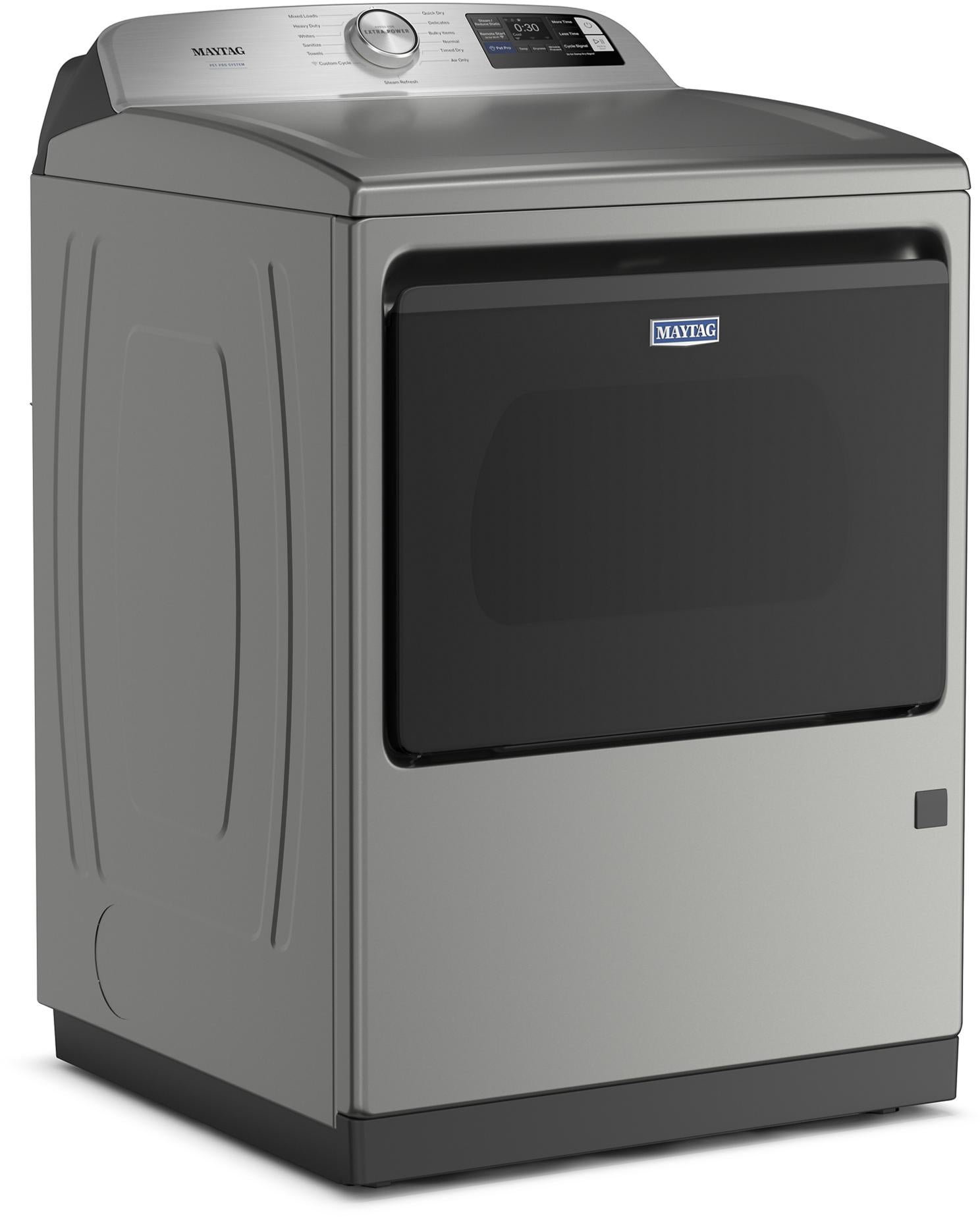 Maytag 27 Inch Smart Gas Top Load Dryer with 7.4 cu ft. Total Capacity, 13 Dryer Cycles, 5 Temperature Settings, Pet Pro Option, Sanitize Cycle, and Quick Dry Cycle: Classic Silver