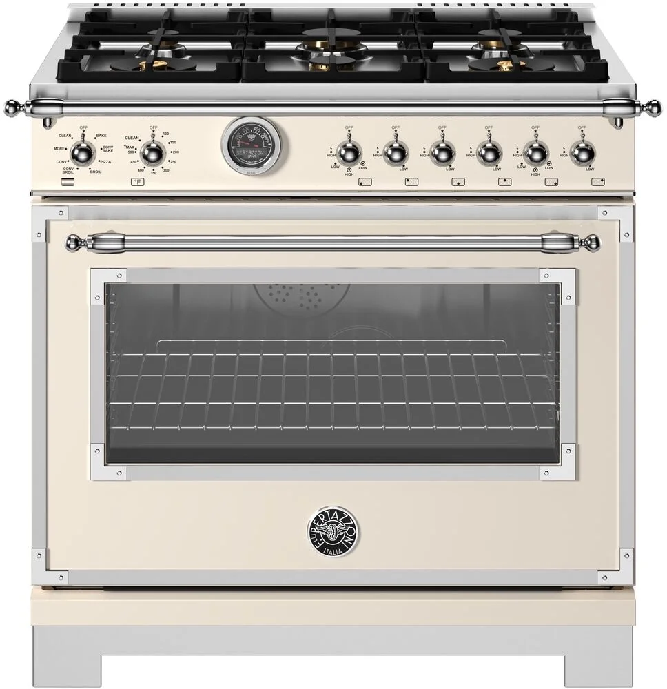 Bertazzoni HER366BCFEPAVT Heritage Series 36 Inch Natural Gas, Dual Fuel Freestanding Range in Avorio Ivory