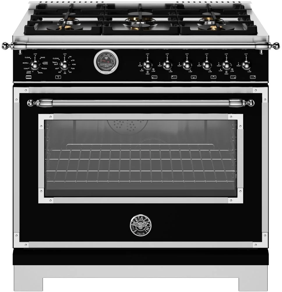 Bertazzoni HER366BCFEPNET Heritage Series 36 Inch Natural Gas, Dual Fuel Freestanding Range in Nero Black