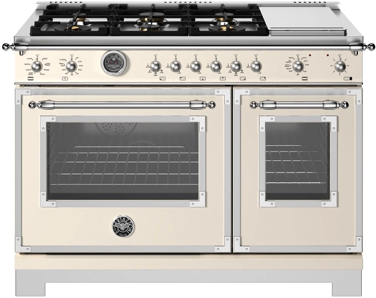 Bertazzoni HER486BTFEPAVT Heritage Series 48 Inch Natural Gas, Dual Fuel Double Oven Freestanding Range in Avorio Ivory