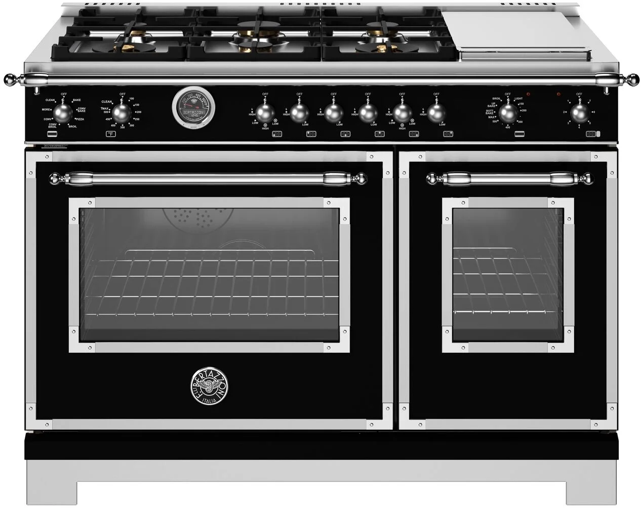 Bertazzoni HER486BTFEPNET Heritage Series 48 Inch Natural Gas, Dual Fuel Double Oven Freestanding Range in Nero Black