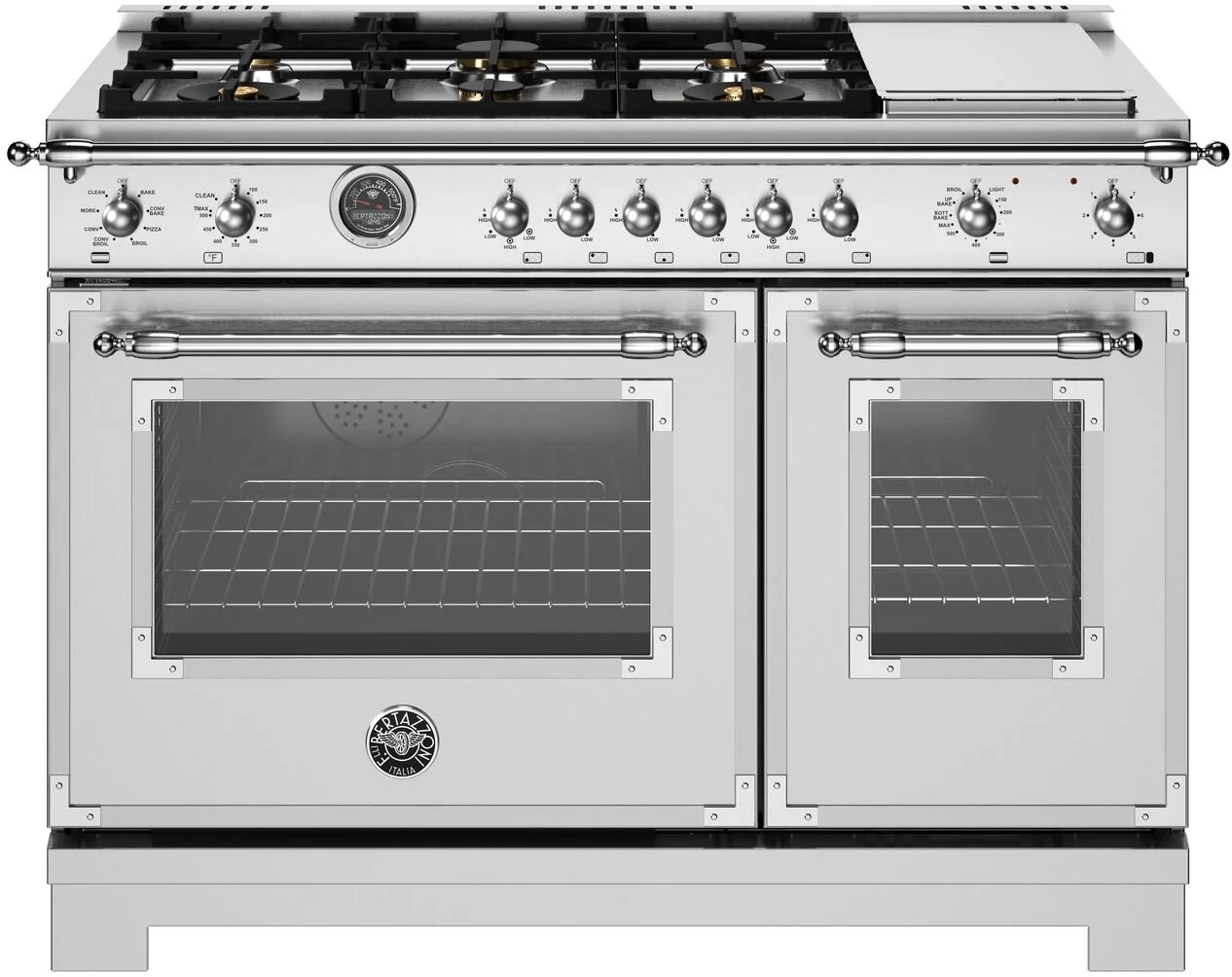 Bertazzoni HER486BTFEPXT Heritage Series 48 Inch Natural Gas, Dual Fuel Double Oven Freestanding Range in Stainless Steel