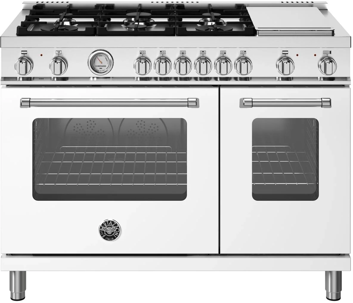 Bertazzoni MAS486GDFMBIV Master Series 48 Inch Natural Gas, Dual Fuel Double Oven Freestanding Range in Bianco White