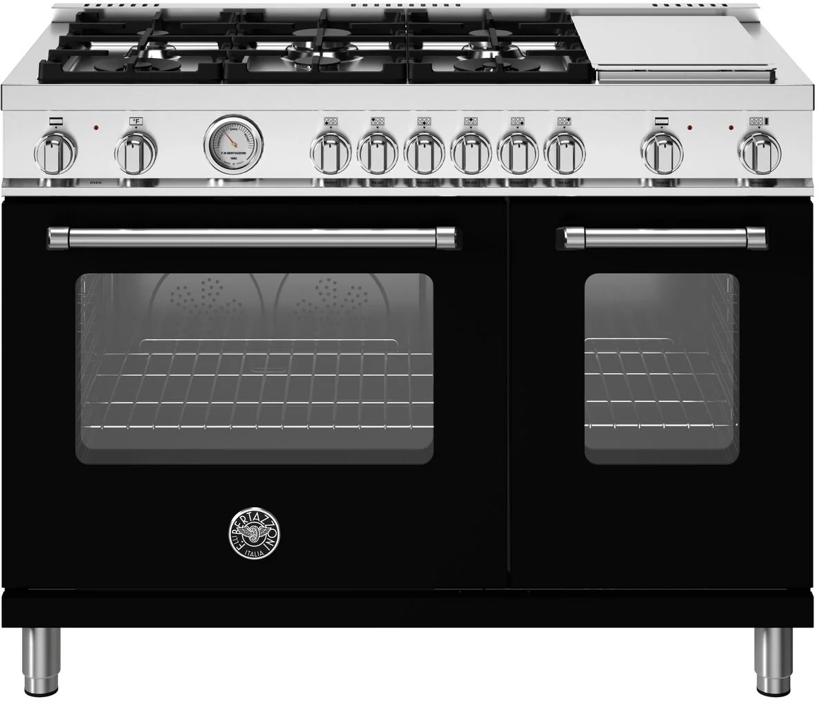 Bertazzoni MAS486GDFMNEV Master Series 48 Inch Natural Gas, Dual Fuel Double Oven Freestanding Range in Nero Black