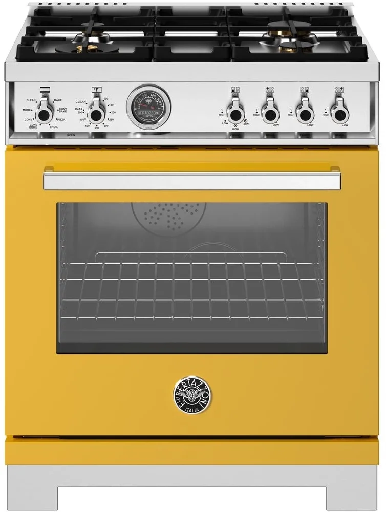 Bertazzoni PRO304BFEPGIT Professional Series 30 Inch Natural Gas, Dual Fuel Freestanding Range in Giallo Yellow