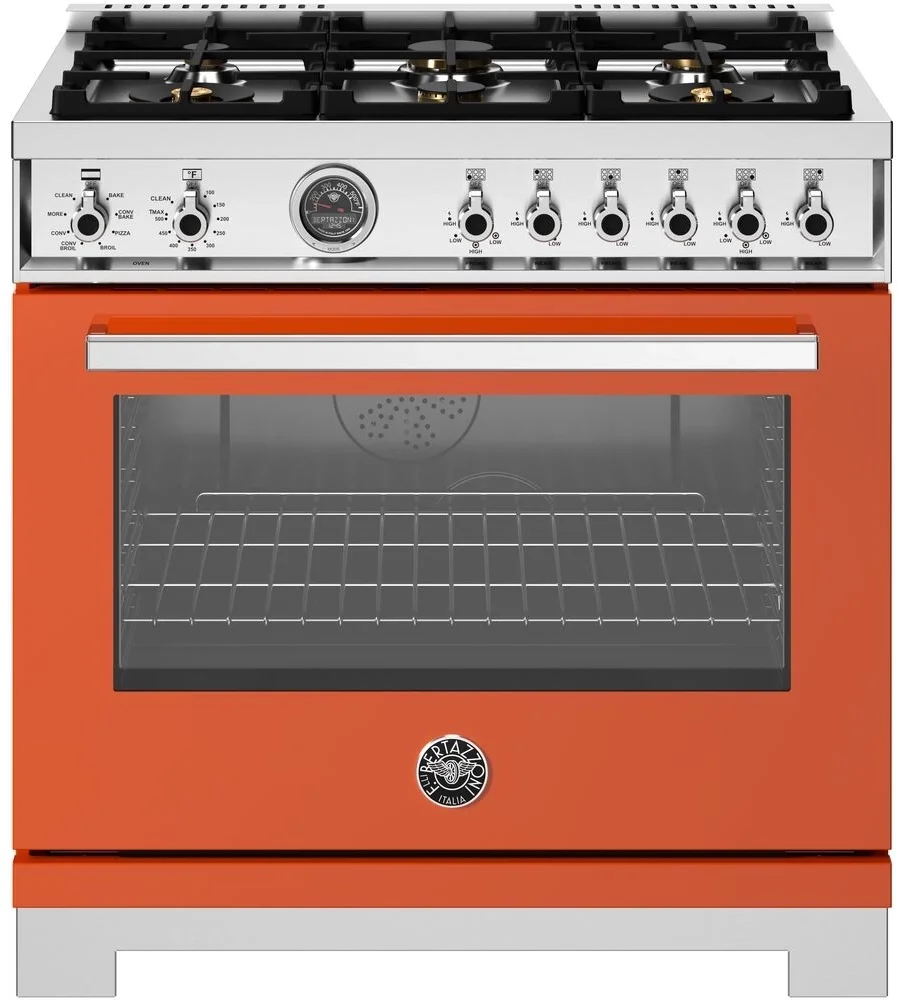 Bertazzoni PRO366BCFEPART Professional Series 36 Inch Natural Gas, Dual Fuel Freestanding Range in Arancio Orange