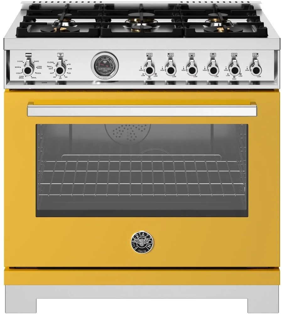 Bertazzoni PRO366BCFEPGIT Professional Series 36 Inch Natural Gas, Dual Fuel Freestanding Range in Giallo Yellow