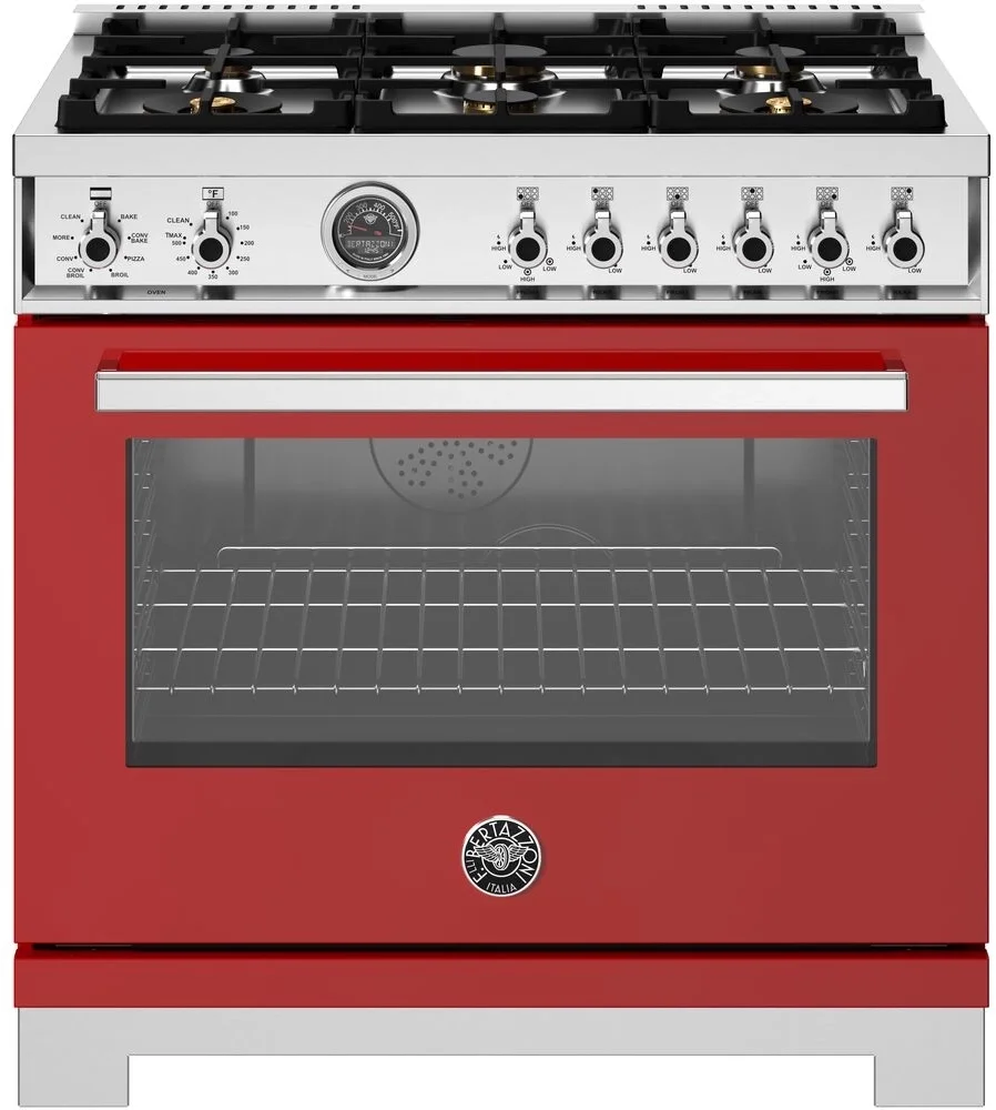 Bertazzoni PRO366BCFEPROT Professional Series 36 Inch Natural Gas, Dual Fuel Freestanding Range in Rosso Red