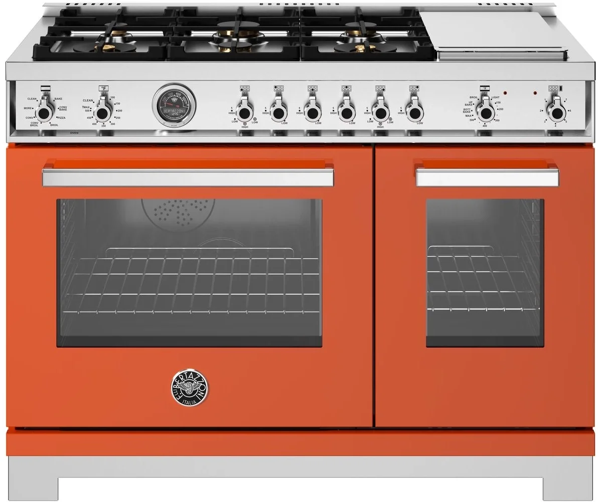 Bertazzoni PRO486BTFEPART Professional Series 48 Inch Natural Gas, Dual Fuel Double Oven Freestanding Range in Arancio Orange