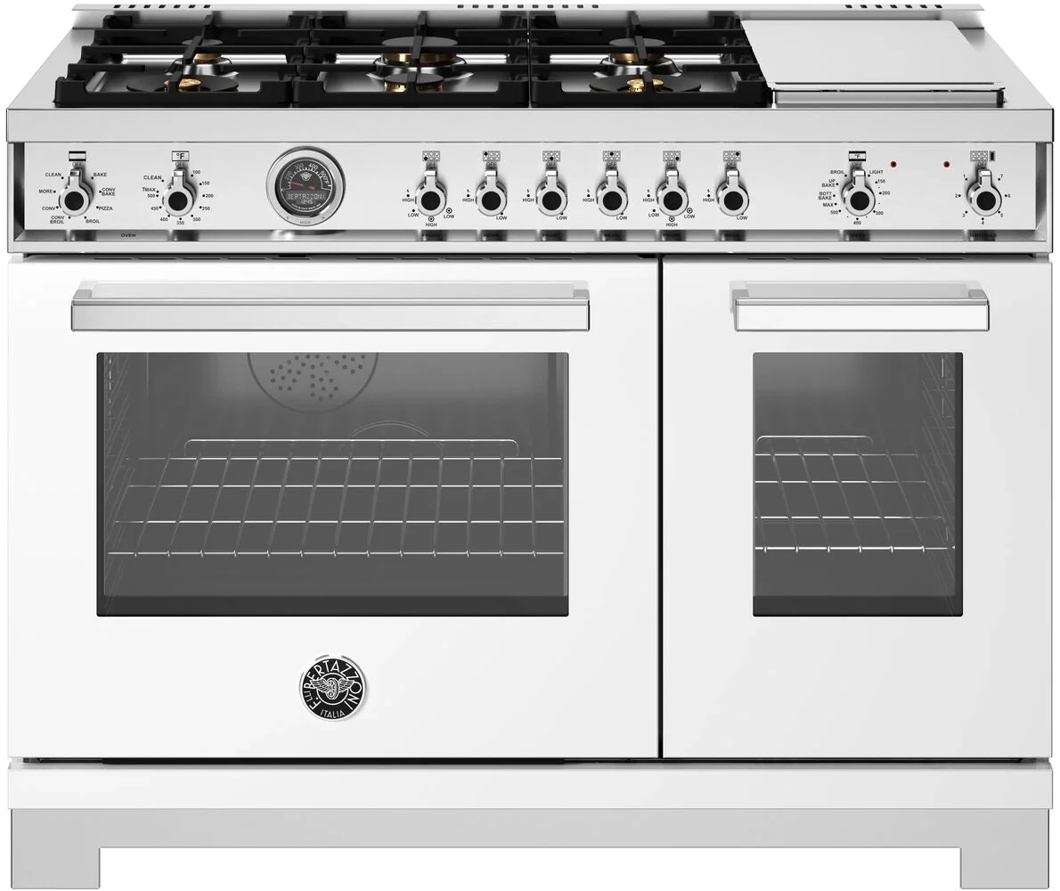 Bertazzoni PRO486BTFEPBIT Professional Series 48 Inch Natural Gas, Dual Fuel Double Oven Freestanding Range in Bianco White
