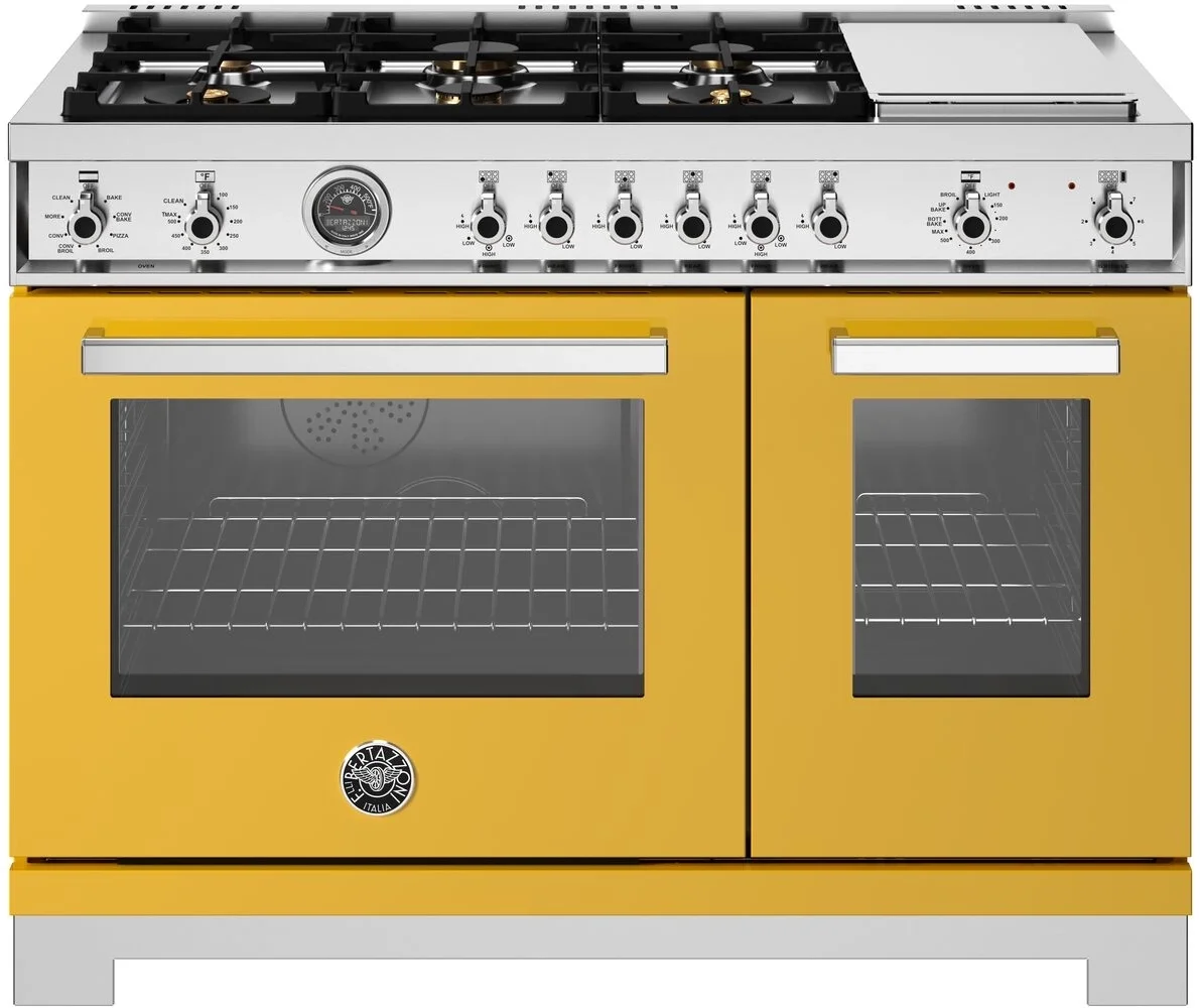 Bertazzoni PRO486BTFEPGIT Professional Series 48 Inch Natural Gas, Dual Fuel Double Oven Freestanding Range in Giallo Yellow