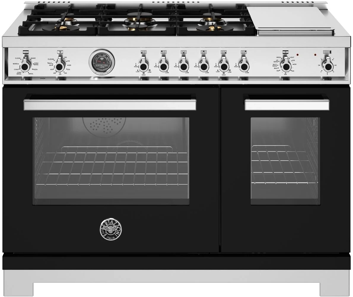 Bertazzoni PRO486BTFEPNET Professional Series 48 Inch Natural Gas, Dual Fuel Double Oven Freestanding Range in Nero Black