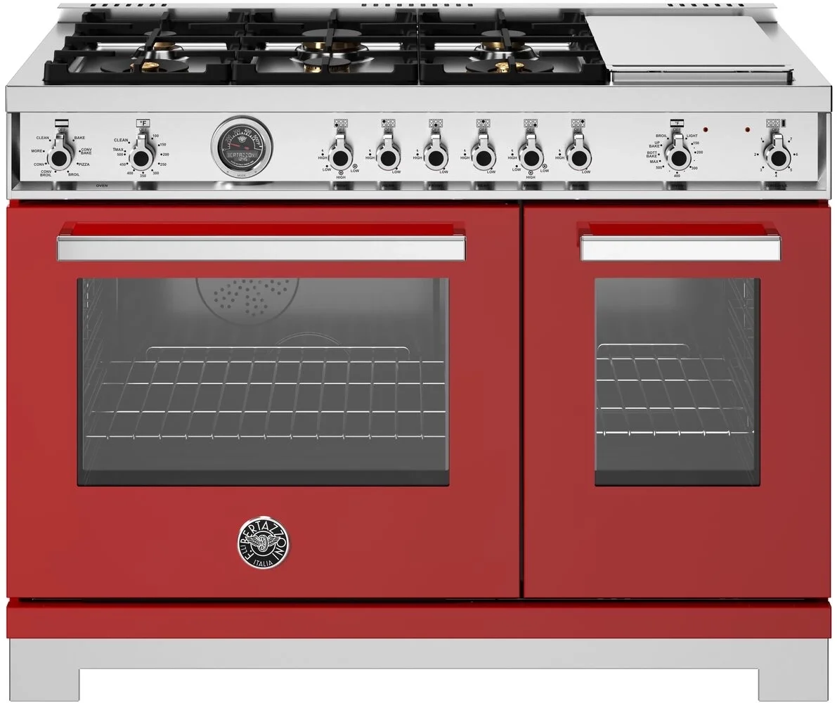 Bertazzoni PRO486BTFEPROT Professional Series 48 Inch Natural Gas, Dual Fuel Double Oven Freestanding Range in Rosso Red
