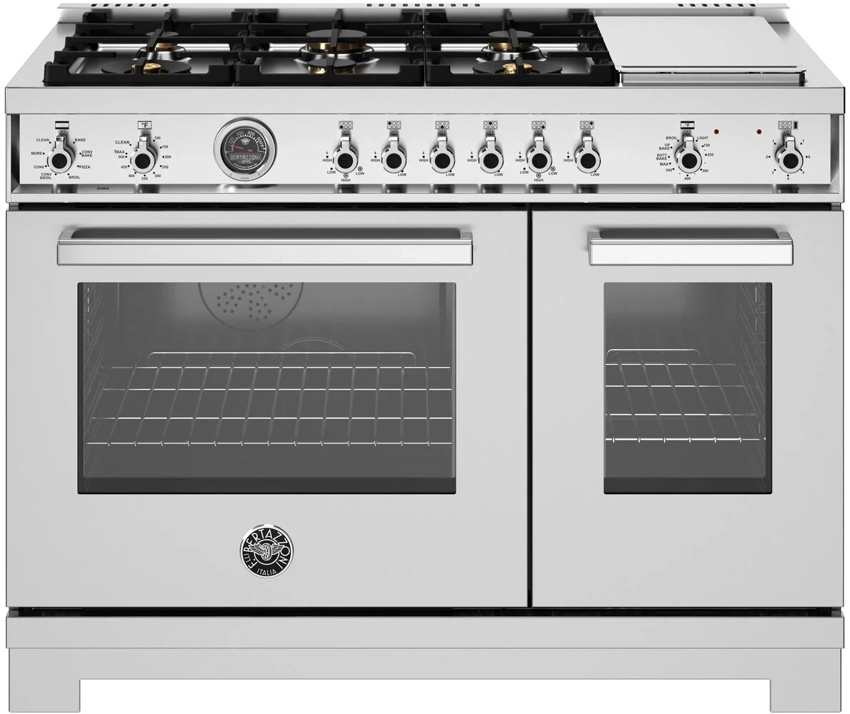 Bertazzoni PRO486BTFEPXT Professional Series 48 Inch Natural Gas, Dual Fuel Double Oven Freestanding Range in Stainless Steel
