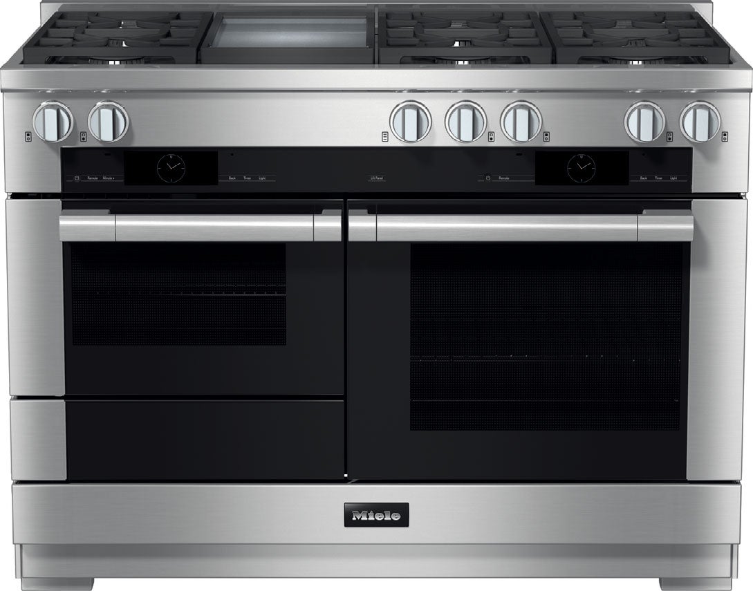 Miele HR19563LP G7000 Series 48 Inch Liquid Propane, Dual Fuel Double Oven Freestanding Range in Clean Touch Steel