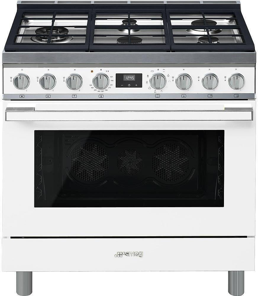 Smeg Portofino Pro Style 36" White Dual Fuel (Gas) Slide-In Sealed Burner Range - Convection