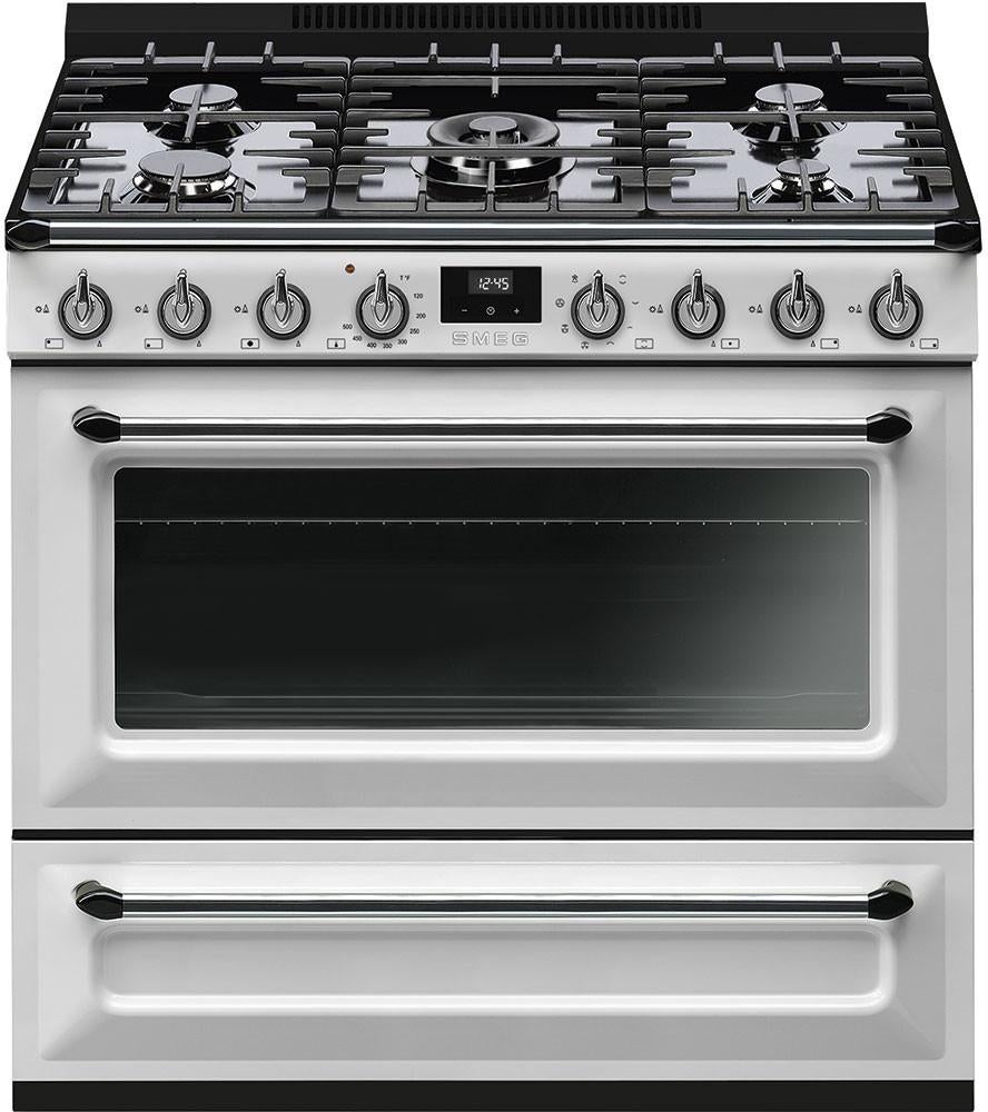 Smeg Victoria 36" White Dual Fuel (Natural Gas) Sealed Burner Range - Convection