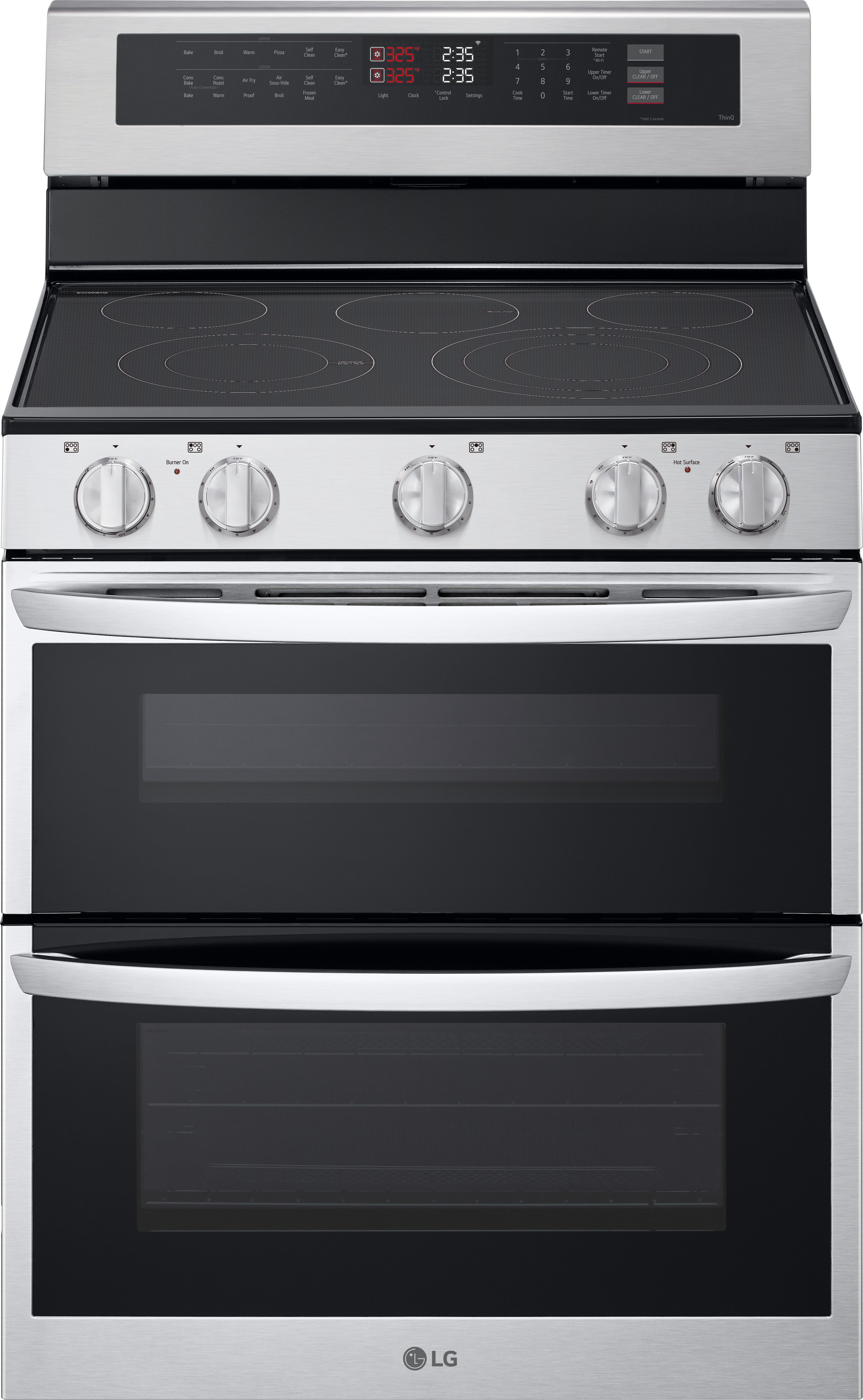 LG 30 Inch Double Electric Oven Range with 5 Radiant Heating Elements, 7.3 cu. ft. Total Capacity, ProBake Convection, Air Fry, Delay Bake, EasyClean, SmoothTouch® Glass Controls, UltraHeat Power Element, and ENERGY STAR® Certified: Stainless Steel