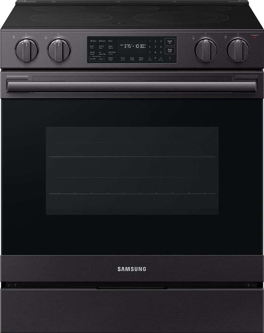 Samsung 30 Inch Slide-In Electric Smart Range with 5 Elements, 6.3 cu. ft. True Convection Oven, 12"/9" Dual Element, Storage Drawer, No-Preheat Air Fry Max, Self & Steam Clean, ADA Compliant, and Energy Star?: Matte Black Steel