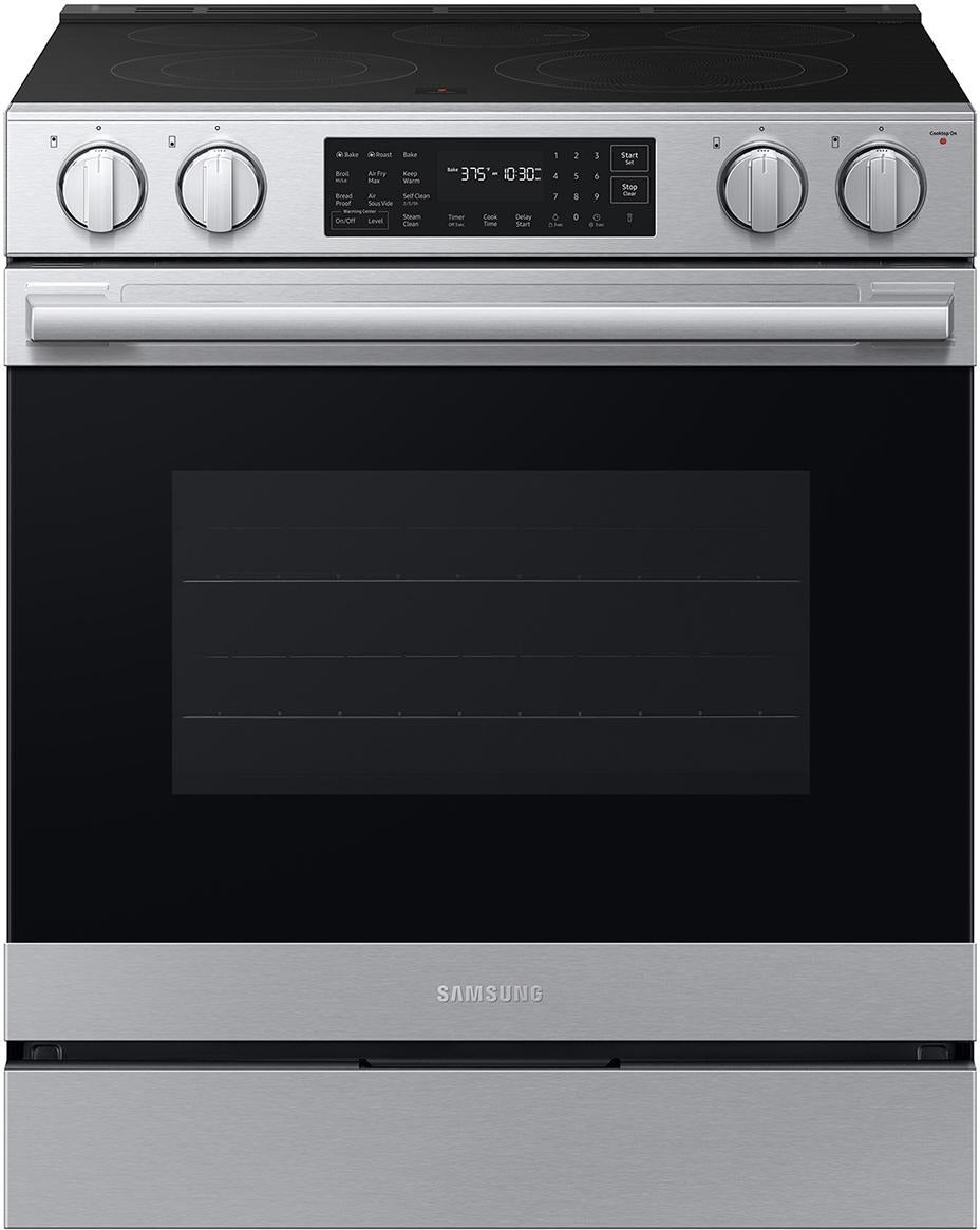 Samsung 30 Inch Slide-In Electric Smart Range with 5 Elements, 6.3 cu. ft. True Convection Oven, 12"/9" Dual Element, Storage Drawer, No-Preheat Air Fry Max, Self & Steam Clean, ADA Compliant, and Energy Star?: Stainless Steel