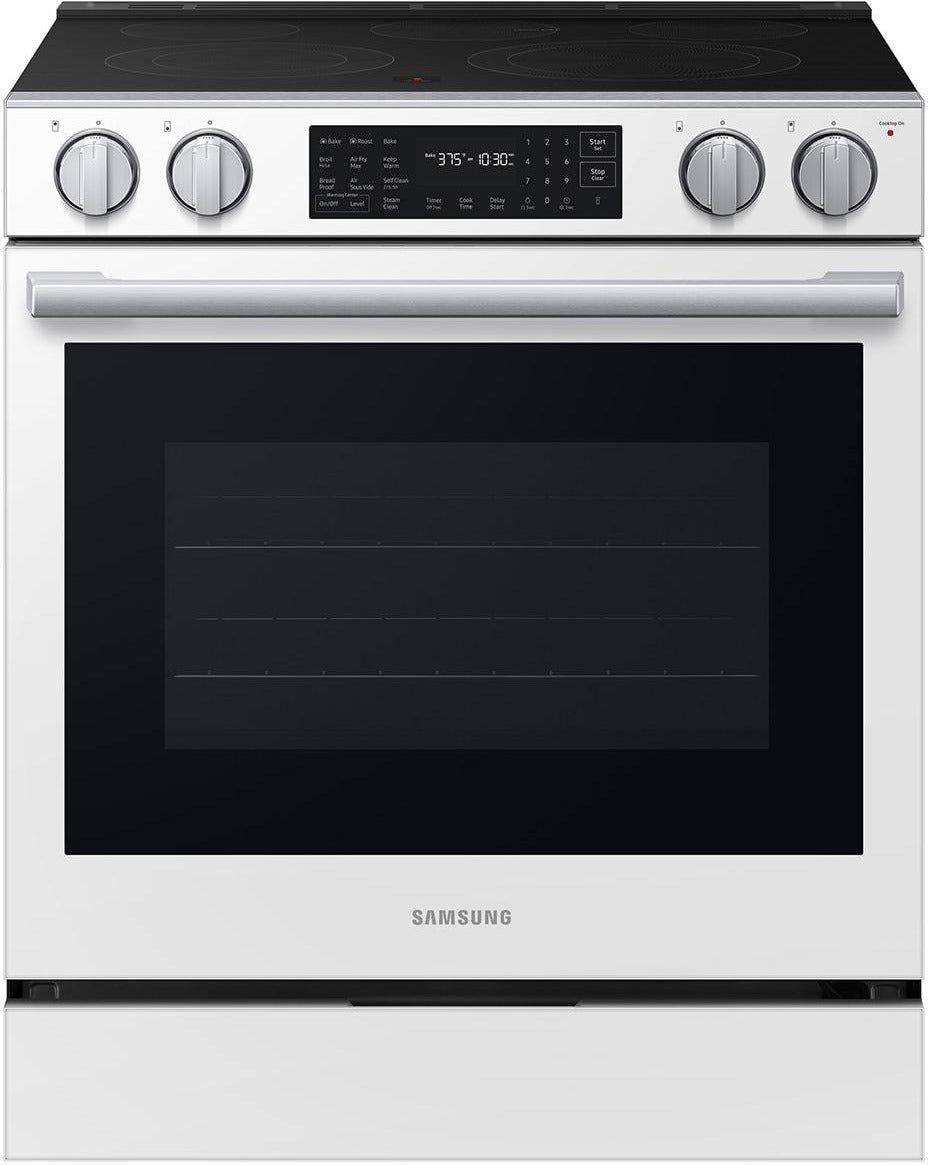 Samsung 30 Inch Slide-In Electric Smart Range with 5 Elements, 6.3 cu. ft. True Convection Oven, 12"/9" Dual Element, Storage Drawer, No-Preheat Air Fry Max, Self & Steam Clean, ADA Compliant, and Energy Star?: White Glass